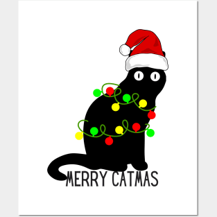 Merry Catmas Black Cat Christmas Posters and Art